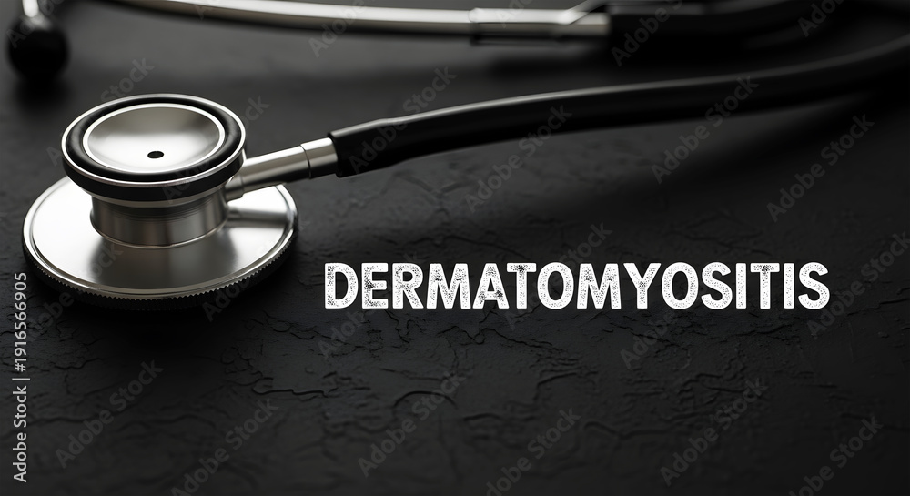 Stethoscope and Dermatomyositis text on dark textured background medical health